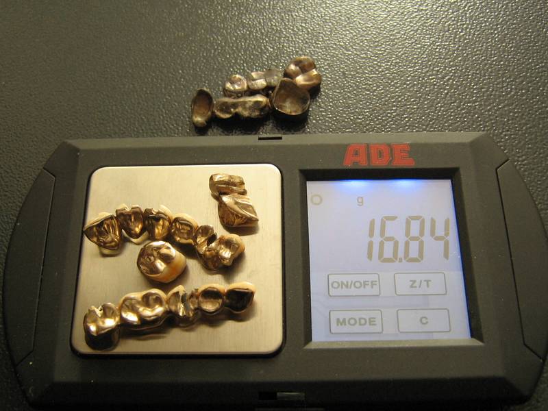 16.84 grams of dental scrap gold on the scale