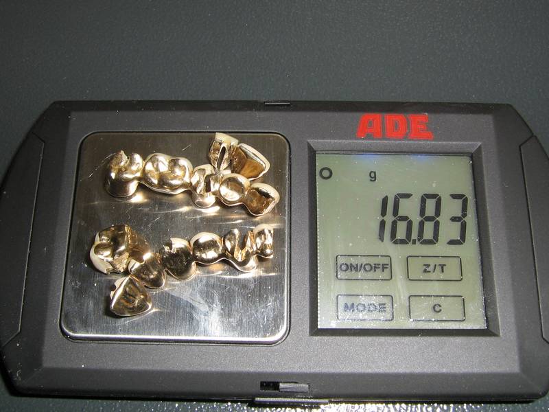 16.83 grams of dental scrap gold on the scale