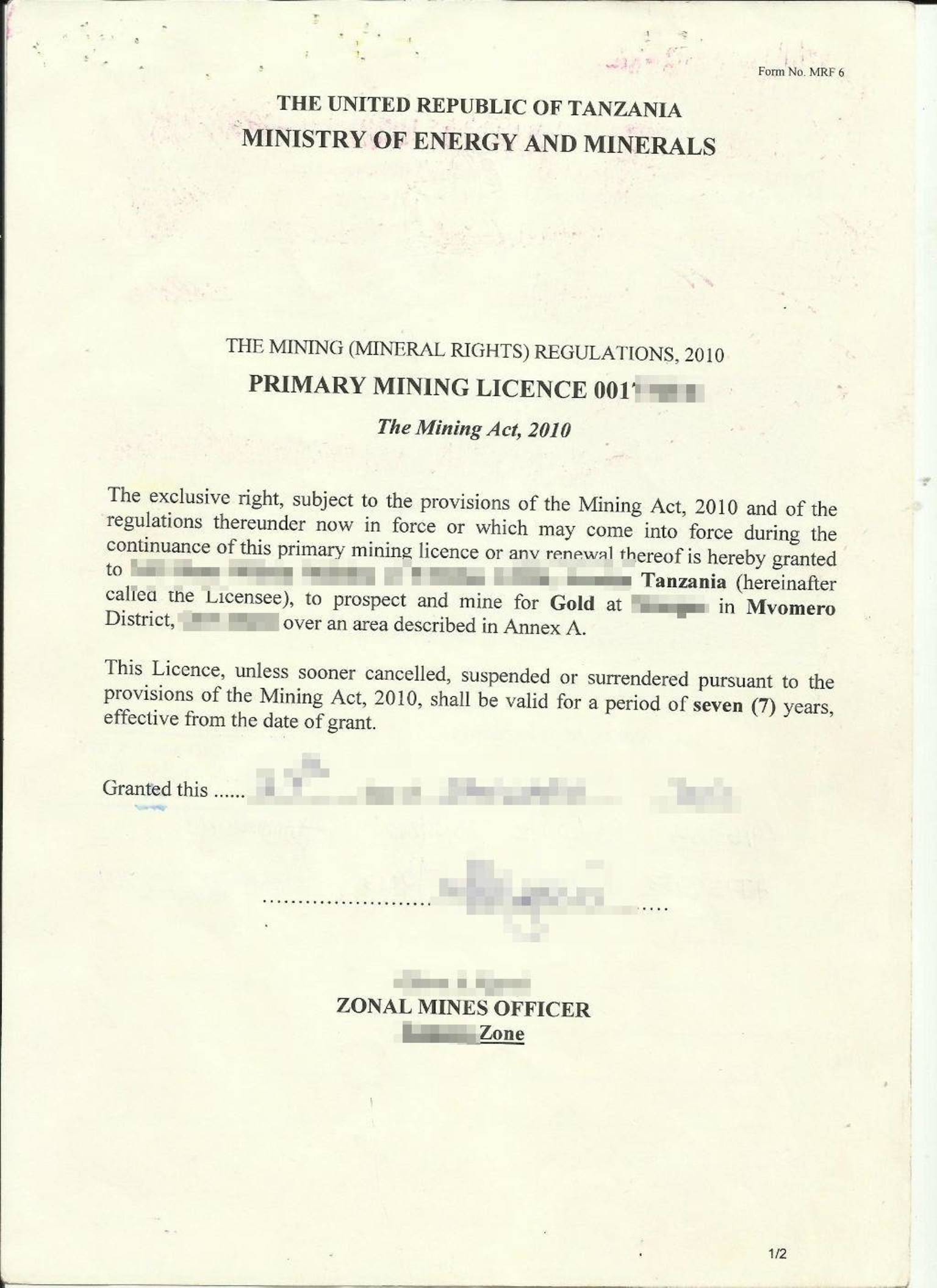 Sample Primary Mining License for gold in Tanzania