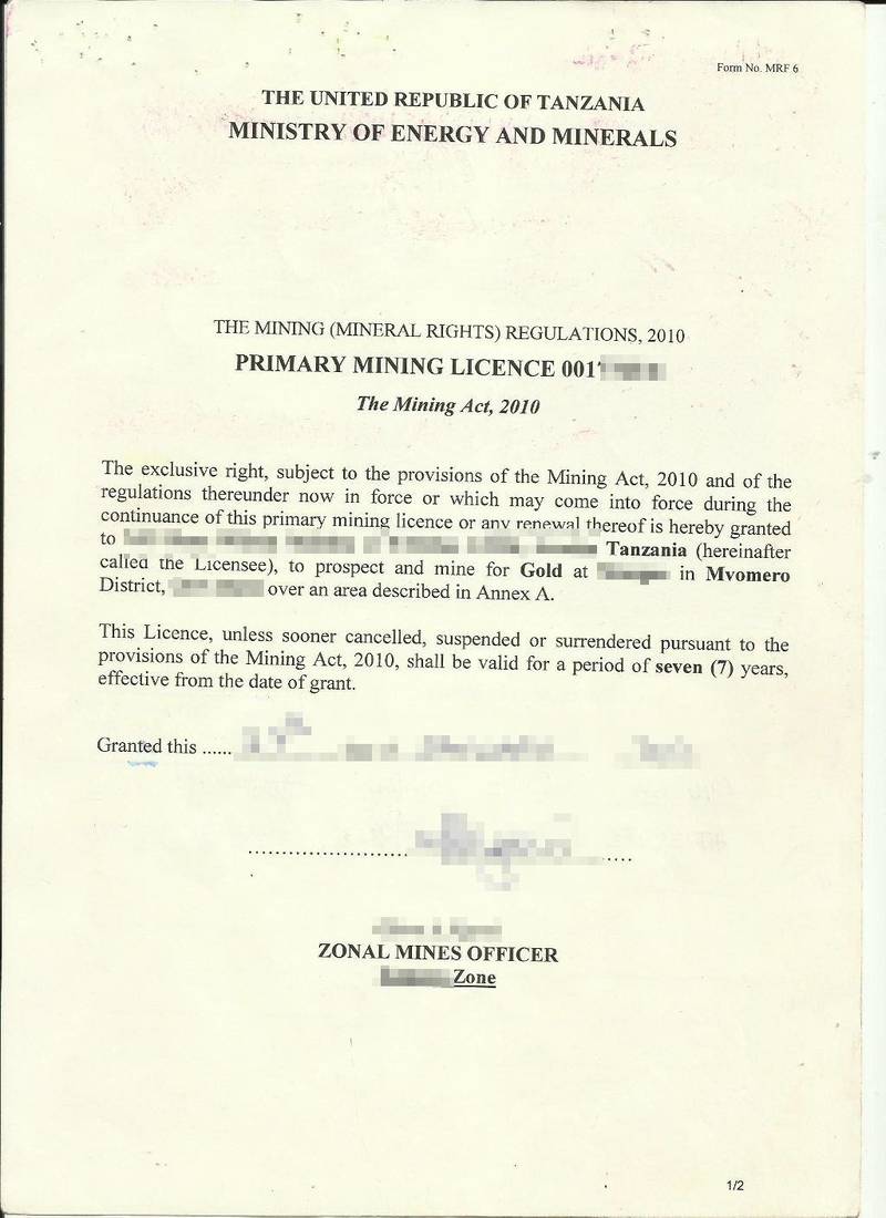 Sample Primary Mining License for gold in Tanzania