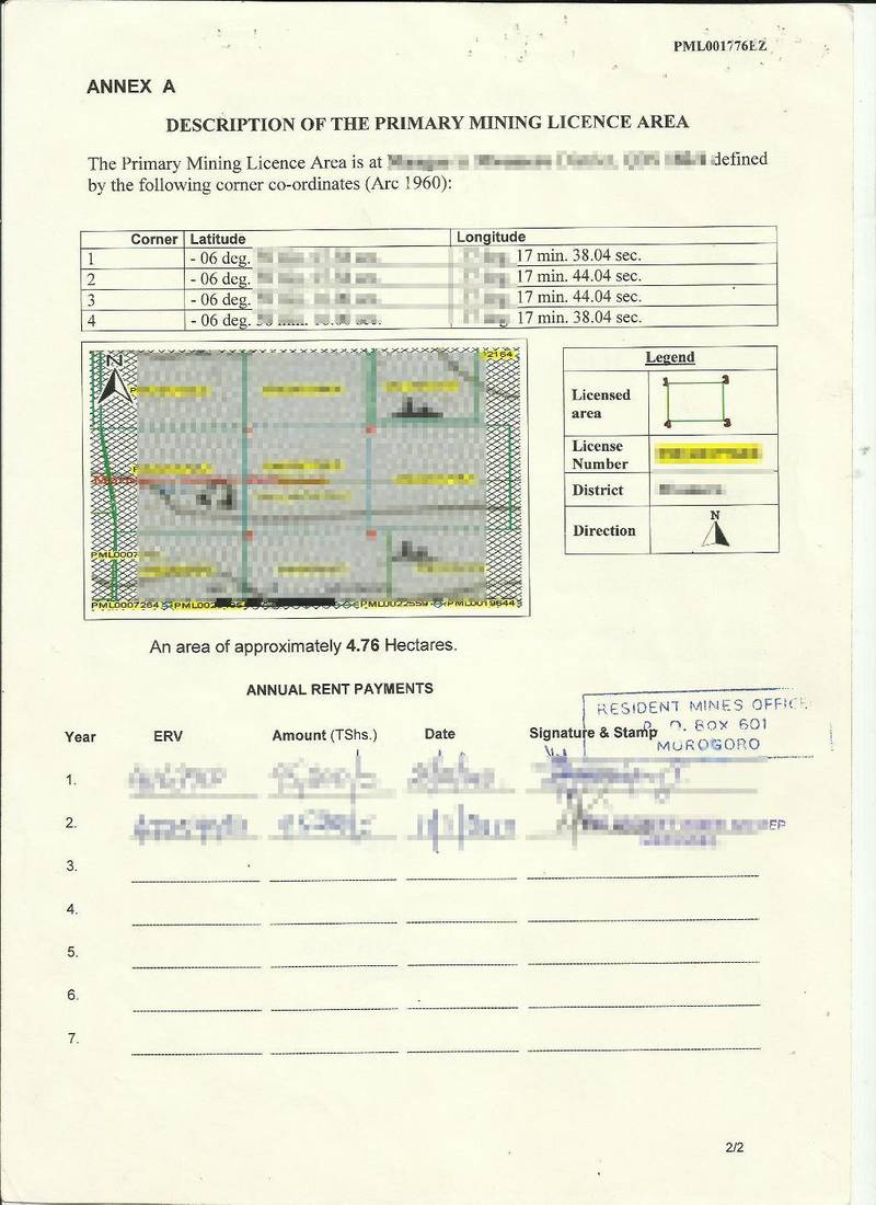 Sample Primary Mining License for gold in Tanzania